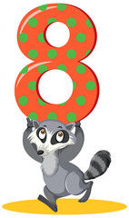Raccoon holding the number cartoon character isolated on white background
