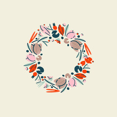 Cute botanical flower wreath illustration. Vector card, print, design.