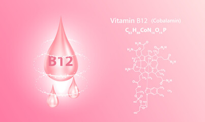 Structure vitamin B12 drop water collagen pink. 3D Realistic Vector. Medical and scientific concepts. Beauty treatment nutrition skin care design. Vitamin solution complex with Chemical formula nature
