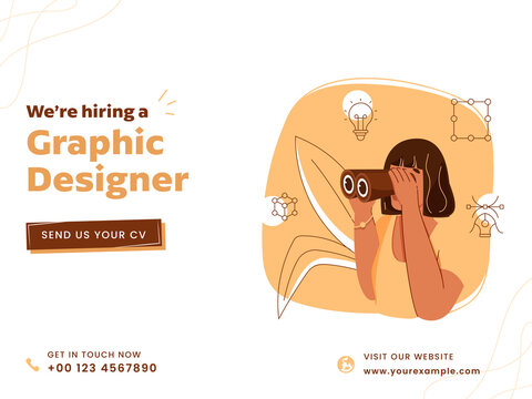 Employee Woman Hiring Graphic Designer To Join The Team On White And Orange Background For Announcement.