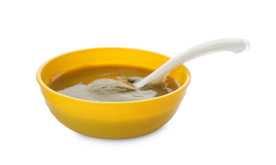 Healthy baby food in bowl on white background