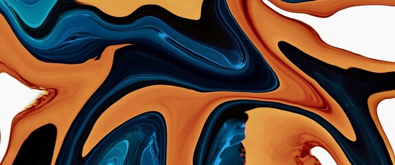 Deep blue and orange alcohol ink background, contrast colormix, unique watercolour, wave shapes, organic structure path accent, luxury and minimal liquid wall art decoration