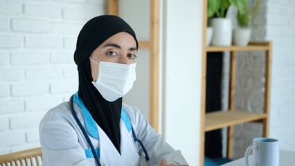 Fototapeta na wymiar Muslim woman doctor in a mask looks at the camera. Working in a hospital for women in the Arab world. A medical worker in a black veil and medical gown at the workplace.