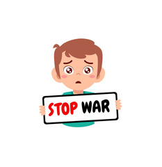 little kid holding anti war sign and feel sad