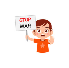 little kid holding anti war sign and feel sad