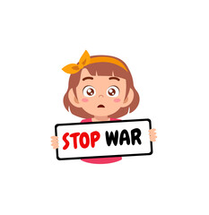 little kid holding anti war sign and feel sad