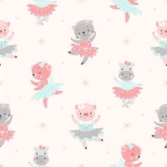 Cartoon ballerina seamless pattern. Ballet dancing cat, pig and bear. Baby funny fabric print. Cute dancers animals in tutus, artistic funny nowaday vector background © MicroOne