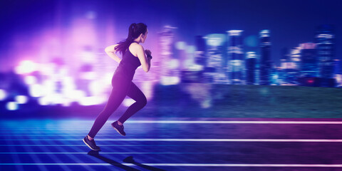 Rear view of young woman running fast on track - Powered by Adobe