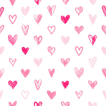 Seamless pattern with hand drawn pink hearts. Romantic background with hearts. Geometric modern print. Great for fabric, wallpaper, textile, wrapping. Vector illustration.