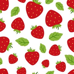 Red strawberries seamless pattern. Strawberry isolated on white background and green leaves. Garden summer berry, sweet vitamins fruits vector print