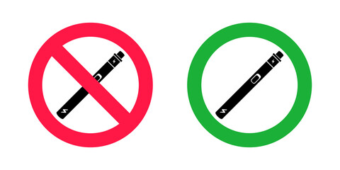 No vaping and vaping area signs. Red forbidden and green allowed circles signs icon isolated on white background vector illustration. Vape and smoke prohibition and green access circles set.