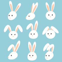 Set of rabbit head. White bunny collection. Flat design.