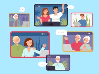 Online family meeting. Virtual call to parents, children and grandparents. Computer communication, happy people talk in internet, decent vector concept