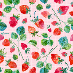 Strawberries seamless texture. Hand drawn watercolor strawberries and leaves. Background with food in collage style. Texture for fabric, wrapping paper, textile, background
