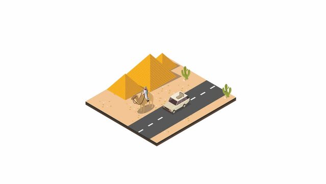 Arab man riding a camel near the pyramid