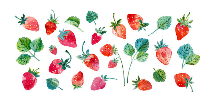 Collection of strawberries and strawberry leaf in collage style. Watercolor modern hand drawn set isolated on white background for postcards, invitations, textiles, food design