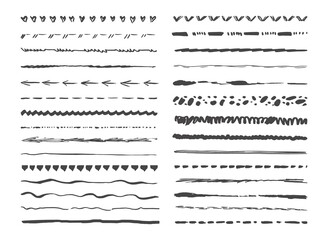 Doodle brush lines. Artist sketch line, freehand artistic brushes of ink pencil. Decorative textured strokes, charcoal scribbles and dividers, neoteric vector kit