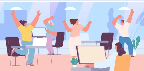 Office people happy at work. Friday, weekend time. Corporate party, woman man dancing and working. Cartoon managers celebrate, vector scene