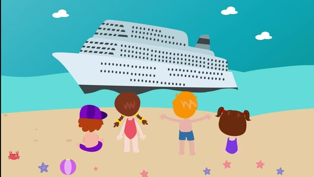 Group of children look at big ship on the beach
