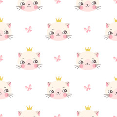 Cat princess seamless pattern. Kitty in gold crown, cute funny print for girl. Childish nursery graphic, baby fabric art template. Nowaday cartoon vector background © MicroOne