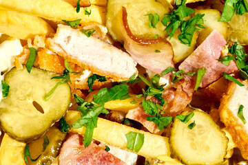 French fries with cheese sauce, chicken and bacon on a white background. Hard Light