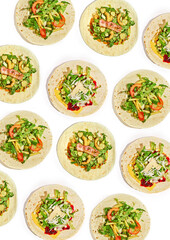 A pattern of different types of shawarma on a white background. Hard Light