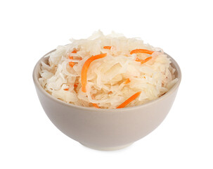 Bowl of tasty fermented cabbage with carrot isolated on white