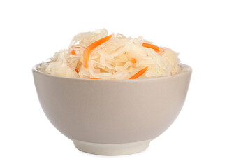 Bowl of tasty fermented cabbage with carrot isolated on white