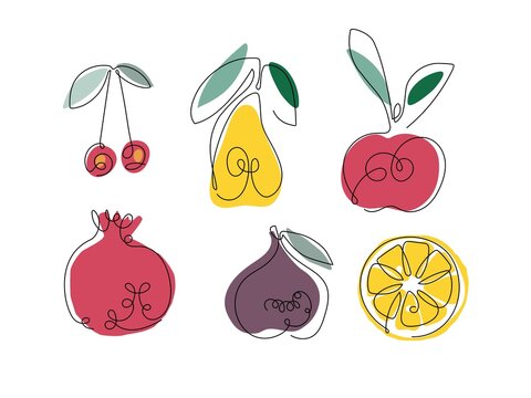 Continuous one line drawing fruits and cherry on bright colored spots. Farmer market Logo concept. Abstract hand drawn fruits and berries by one line. Fashionable trend vector illustration.