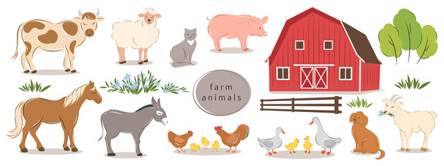 Farm animals set, farm and bushes on white background. Cartoon domestic animals collection. Vector illustration. - obrazy, fototapety, plakaty