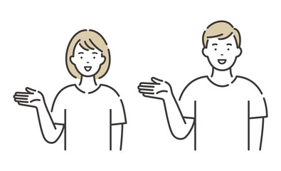 白いTシャツを着た若い男性と女性　案内するポーズ