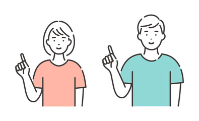 カラーTシャツを着た若い男性と女性　説明するポーズ