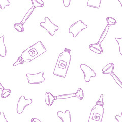 Seamless pattern of trendy gua sha scrapers made of natural stone and cosmetic oil, roller massager for facial care. Vector illustration skin care concept on pink background.