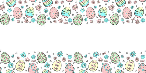 Vector frame, borders with color ornamental easter eggs, flowers. Horizontal top and bottom edging, background, decoration for greeting card, holiday decor