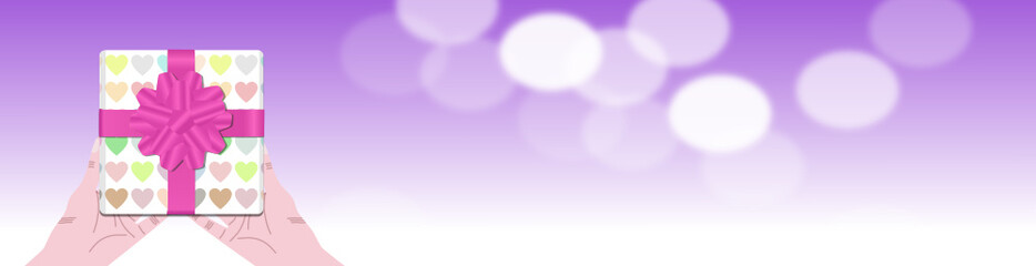 Hands holding a gift with a heart pattern and sparkling balls floating on a violet background, vector.
