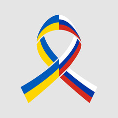 War in Ukraine. Flag of Ukraine. Flag of Russia. Awareness ribbon in colos of ukrainian and russian flags isolated. Vector illustration. EPS10.