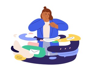 Overwhelmed person overloaded with information, business messages and mail. Busy woman in data, emails chaos, info excess. Infoxication concept. Flat vector illustration isolated on white background