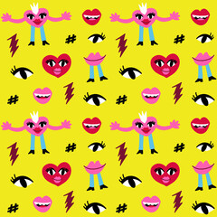 Seamless pattern with lips eyes and cartoon hearts faces