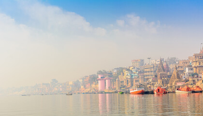 Morning view at holy ghats of Varanasi, India