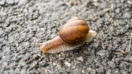 Big garden snail in shell crawling on wet road