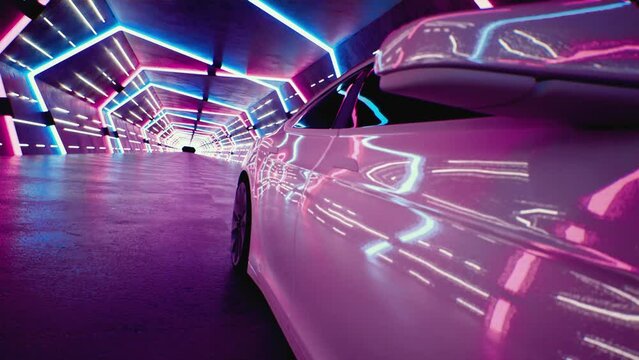 A white car drives fast through a neon tunnel