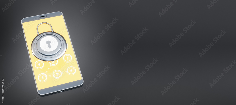 Poster Close up of smartphone with creative padlock on screen. Wide black background with mock up plave for your advertisement. Secure device concept. 3D Rendering.