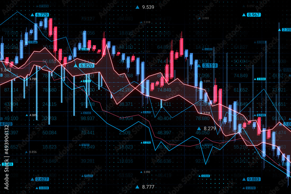 Poster Abstract downward forex chart on dark background. Crisis and collapse concept. 3D Rendering.