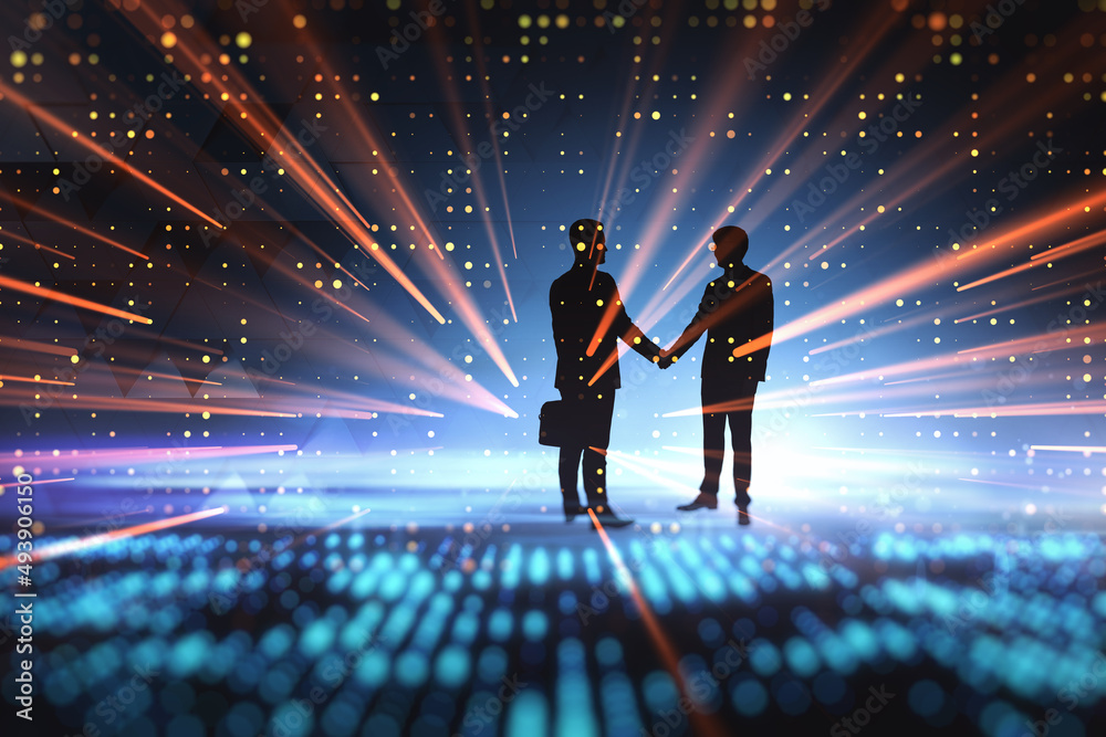 Poster abstract backlit businessmen shaking hands on abstract metaverse background. teamwork and meeting co