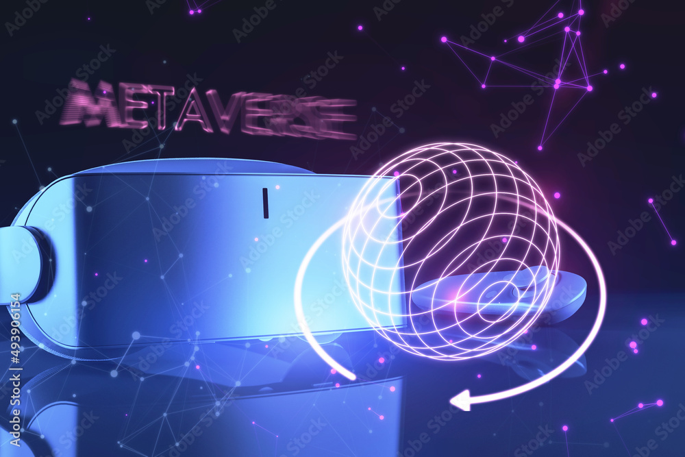 Aufkleber close up of vr glasses with abstract metaverse sphere on blurry purple background. future and abstra