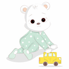 cute teddy bear plays with a yellow car