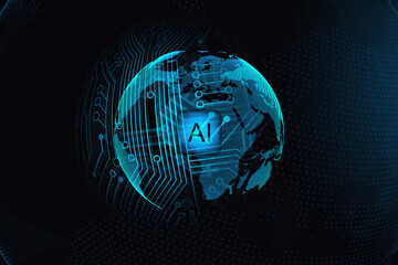 Abstract AI globe on dark background. Artificial intelligence and metaverse concept. 3D Rendering.