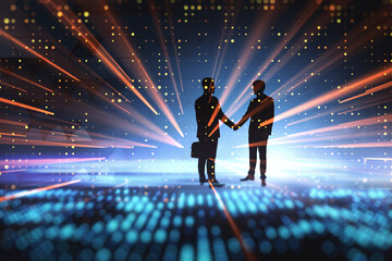 Abstract backlit businessmen shaking hands on abstract metaverse background. Teamwork and meeting...