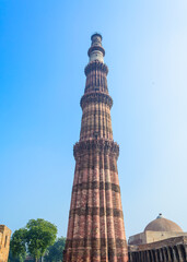 Qutub (Qutb) Minar, the tallest free-standing stone tower in the world, and the tallest minaret in India, constructed with red sandstone and marble in 1199 AD. Unesco World Heritage. India