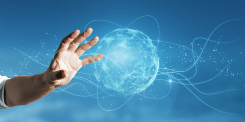 Close up of businessman hand holding abstract metaverse sphere on blurry blue background. Future...